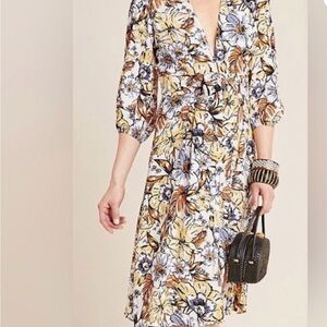Anthropologie  Faithfull the Brand Chloe Yellow, Cream & Brown Floral Midi Dress